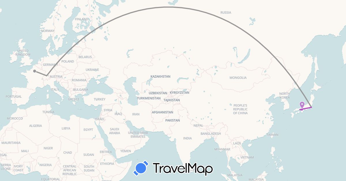 TravelMap itinerary: driving, plane, train in Switzerland, France, Japan (Asia, Europe)